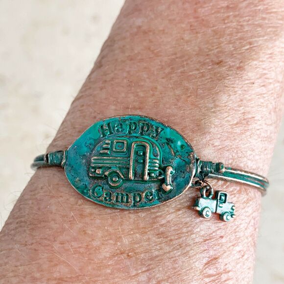 NEW Copper Patina Happy Camper Bracelet Vintage RV Travel Trailer Jewelry - Picture 2 of 7
